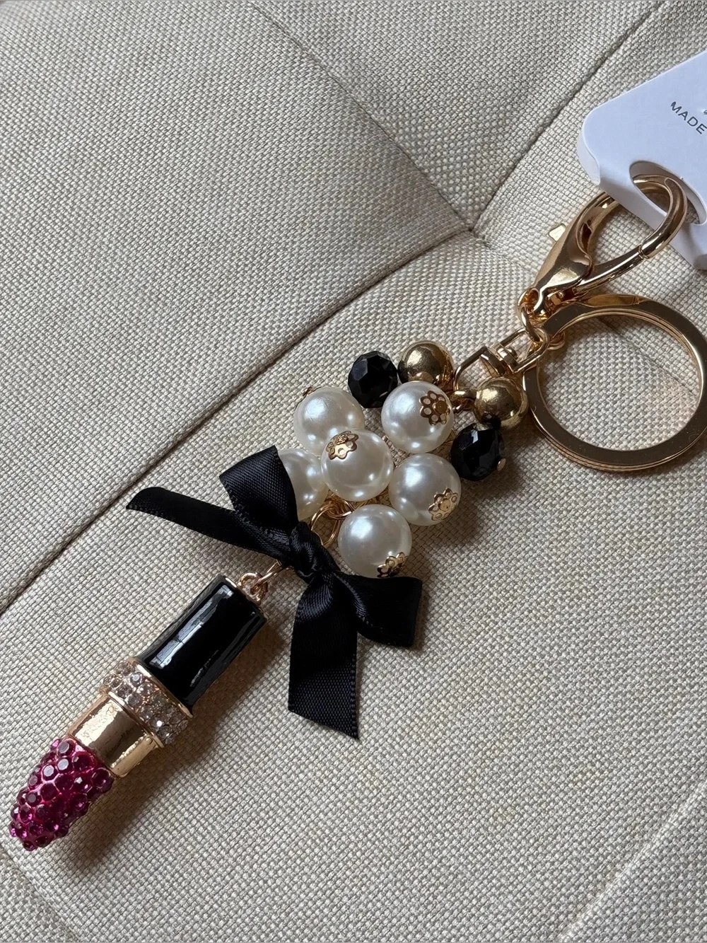 Pearl & Black Ribbon Lipstick Keychain Bag Charm